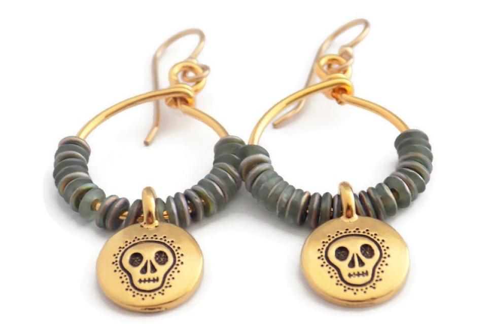 Gold Hoop Earrings with a Skull Charm, Day of the Dead Halloween Jewelry