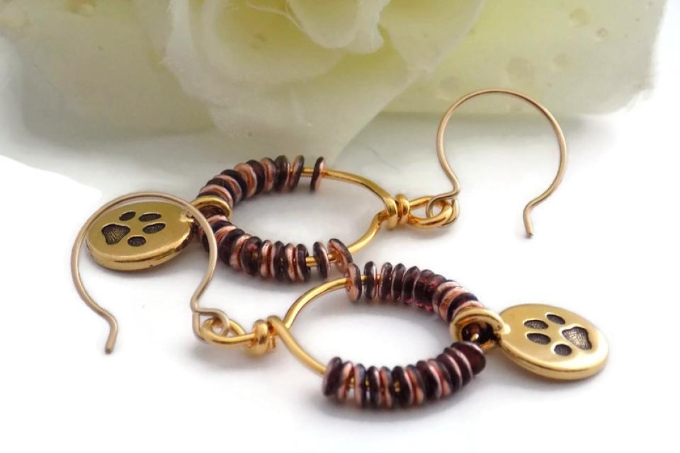 Gold Paw Charm Beaded Hoop Earrings, Handmade Animal Lover Jewelry
