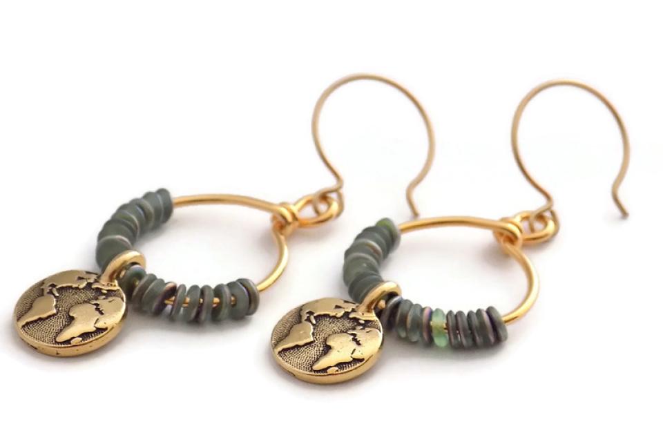Earth Charm Earrings, Beaded Hoop Earrings with Czech Peridot Beads