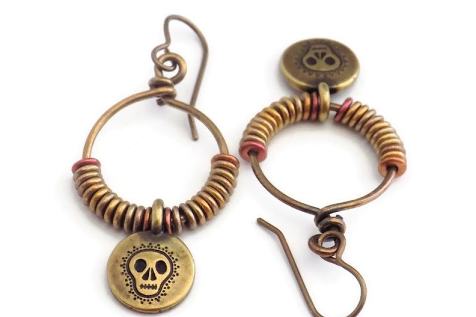 Bronze Skull Hoop Earrings, Handmade Halloween Jewelry