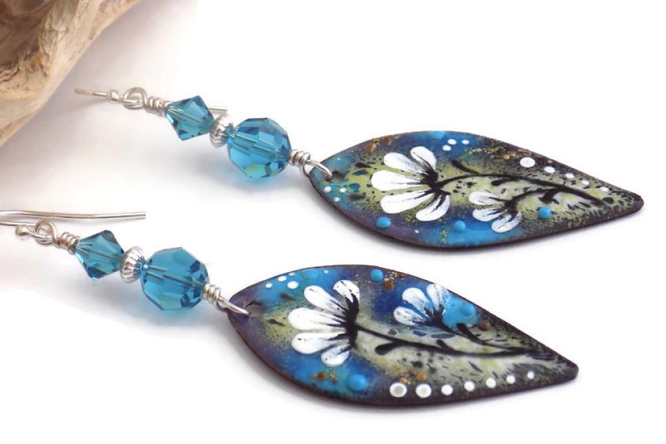 Artisan White Floral Earrings with Swarovski Indicolite Crystals Handmade Jewelry