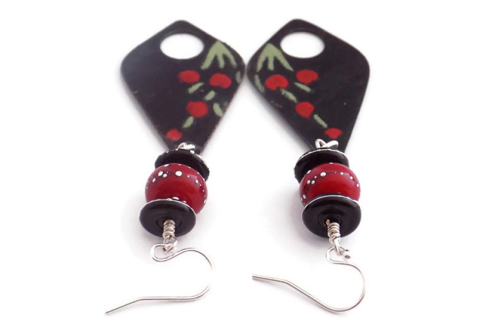 Red Poppy on Black Enamel Earrings, Handmade  Lampwork Jewelry