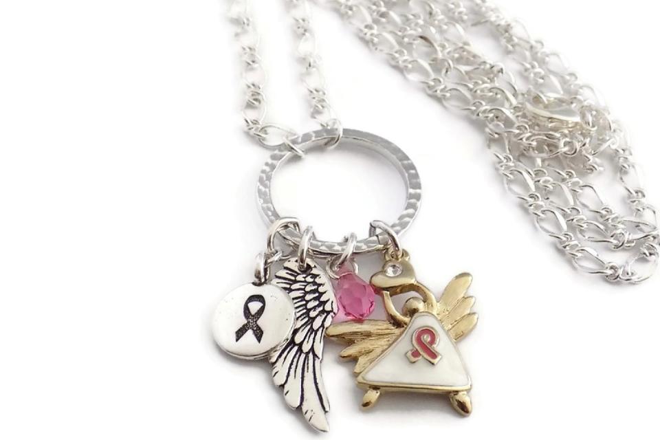  Pink Ribbon Angel Charm Necklace, Breast Cancer Awareness Jewelry
