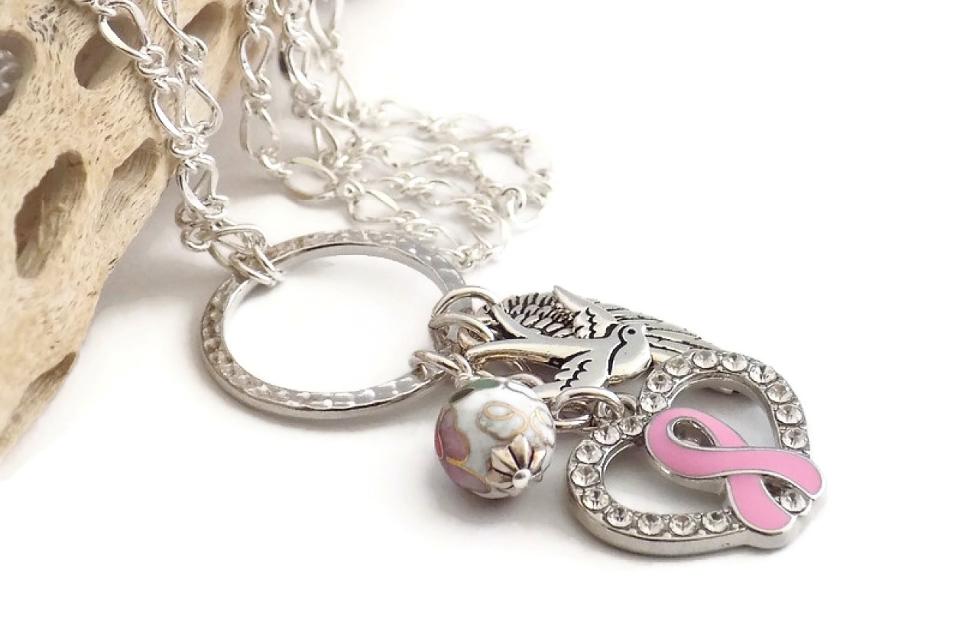 Pink Ribbon Heart Charm Necklace, Breast Cancer Awareness Jewelry
