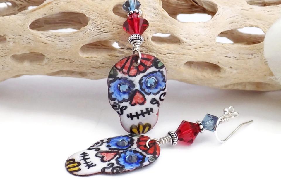 Colorful Sugar Skull Enamel Earrings, Day of the Dead Halloween Jewelry