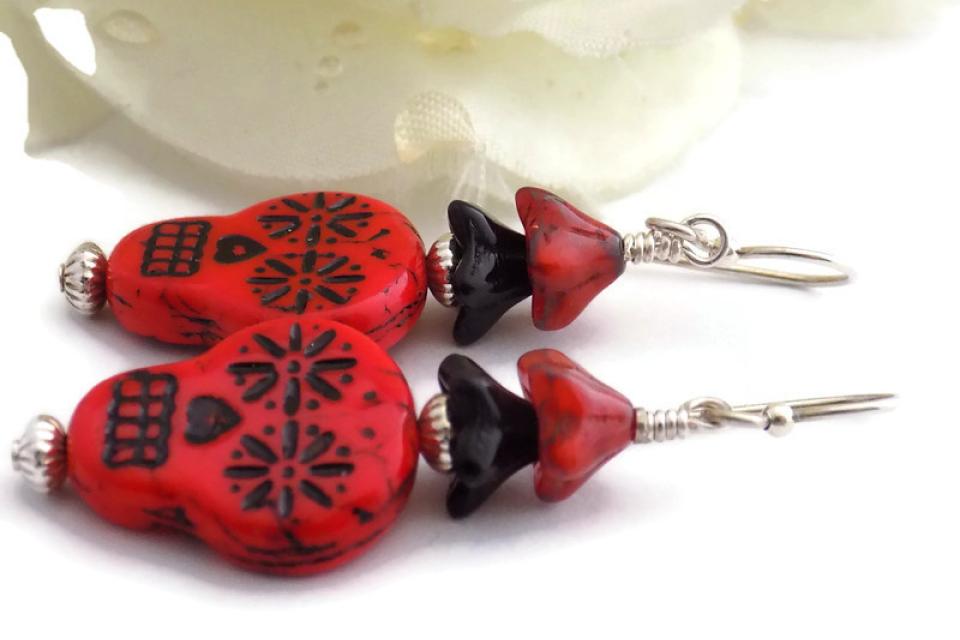 Red and Black Sugar Skull Earrings, Day of the Dead, Halloween Jewelry
