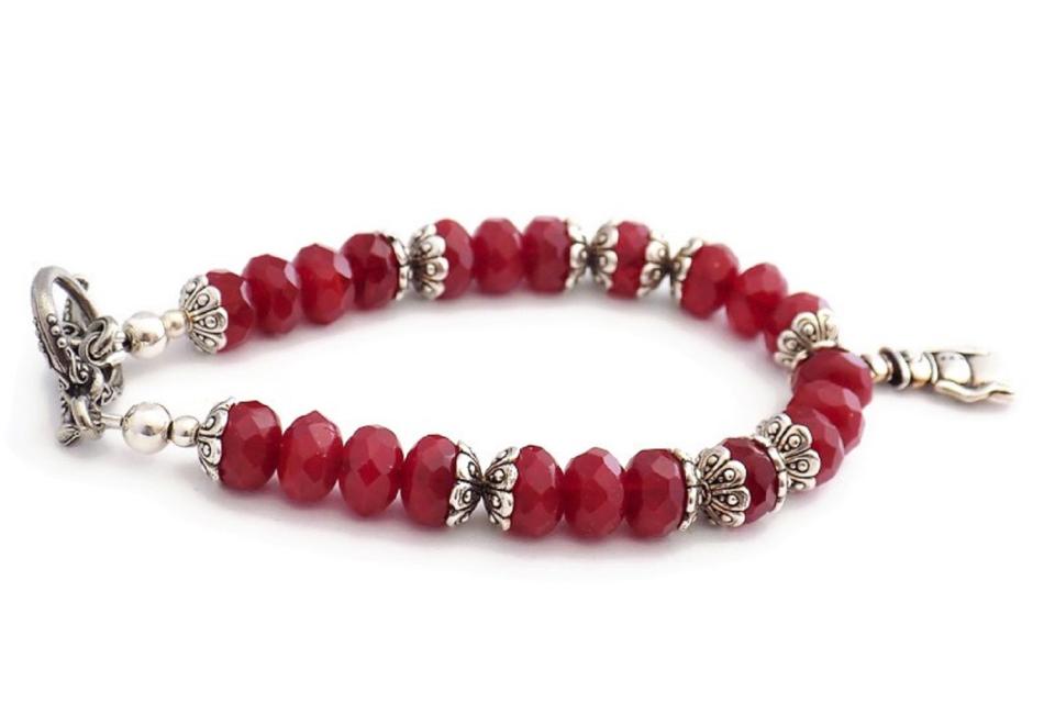 Christmas Snowman Charm Bracelet with Cranberry Red Czech Glass Beads. Handmade Christmas Jewelry