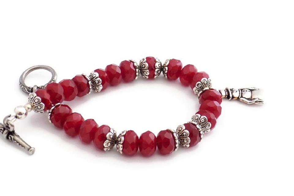 Christmas Snowman Charm Bracelet with Cranberry Red Czech Glass Beads. Handmade Christmas Jewelry