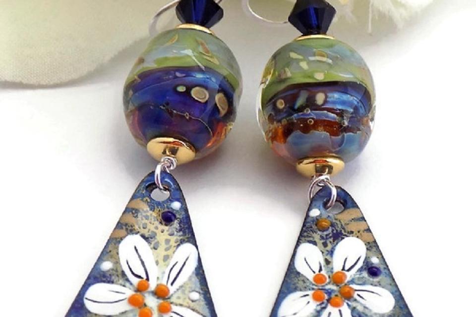  Blue White Floral Enamel Earrings, Artisan Lampwork Jewelry