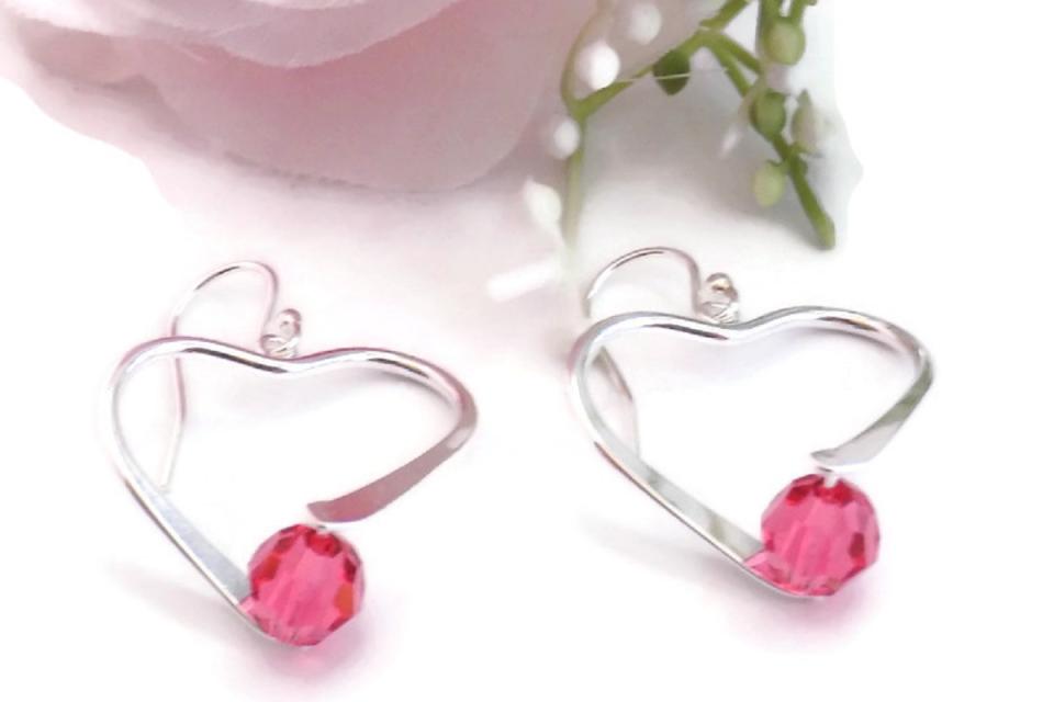 Heart Shaped Pendant Earrings, Swarovski Indian Pink Crystals Handmade Jewelry 