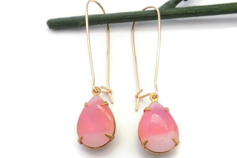 Vintage Pink Crystal Teardrop Earrings, Art Deco Style Earrings