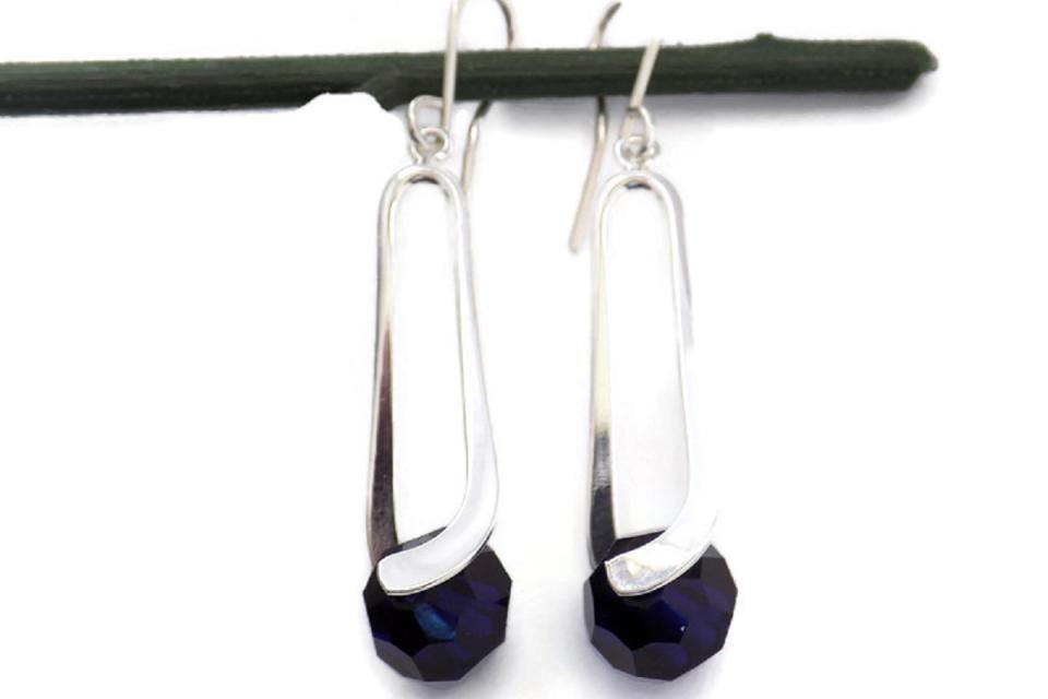 Silver Teardrop Pendant Earrings with Swarovski Indigo Crystal Beads