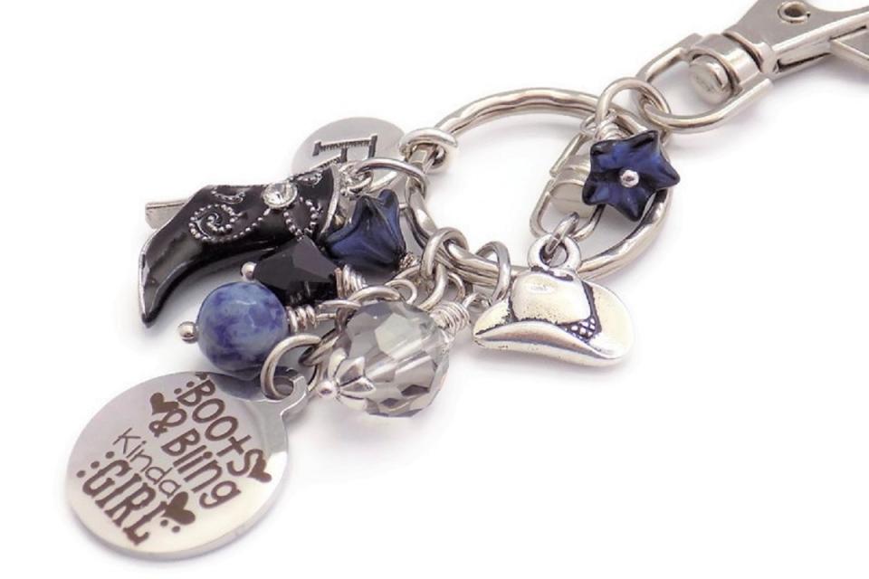 Denim Blue Cowgirl Keychain, Handmade Purse Charm Accessory