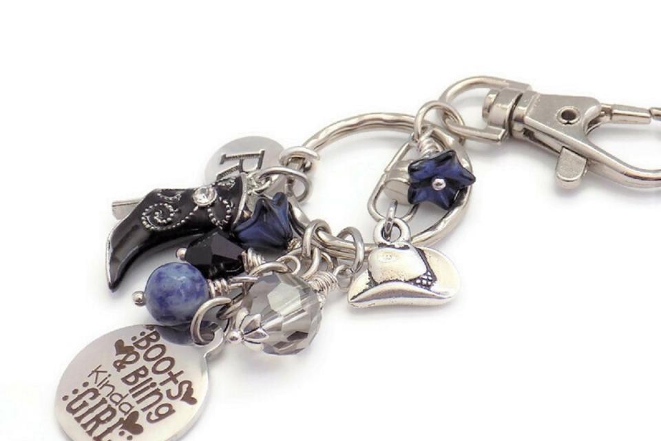 Denim Blue Cowgirl Keychain, Handmade Purse Charm Accessory