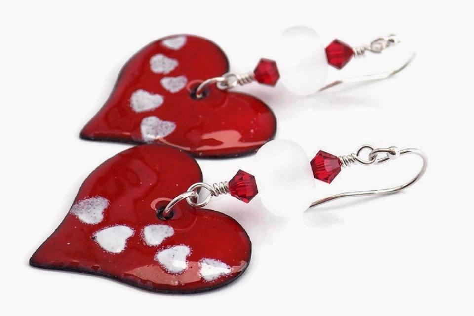 Red Enamel Hearts with White Heart Accent Earrings, Handmade Valentines Gift