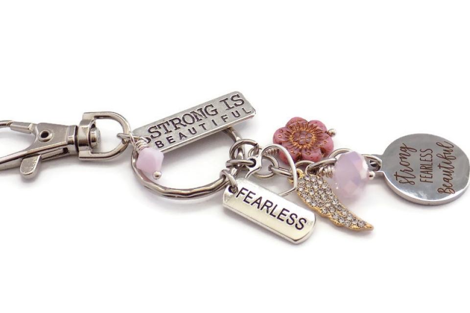 Motivational Silver Keychain for Women, Strong Fearless Beautiful