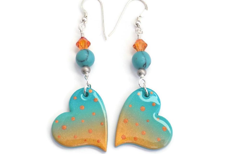 Turquoise Heart Polymer Clay Earrings, Handmade Gift for Her