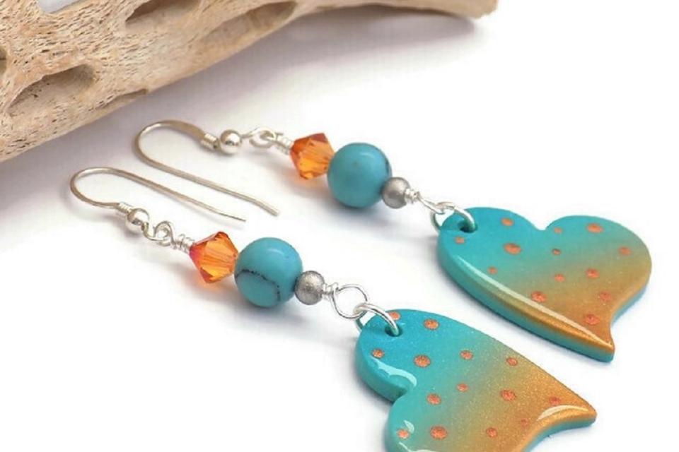Turquoise Heart Polymer Clay Earrings, Handmade Gift for Her