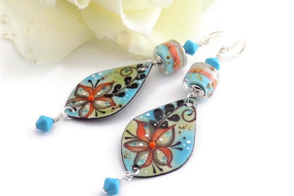 Turquoise Coral Enamel Flower Earrings, Handmade Bohemian Jewelry