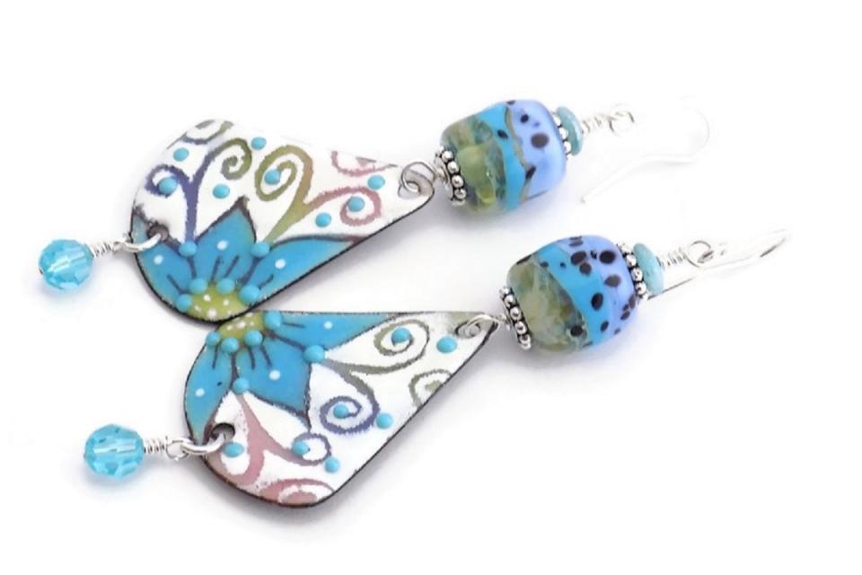 Blue Flower Lampwork Earrings, Handmade Bohemian Jewelry
