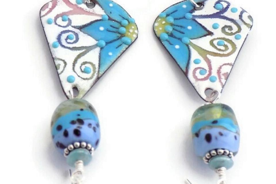 Blue Flower Lampwork Earrings, Handmade Bohemian Jewelry