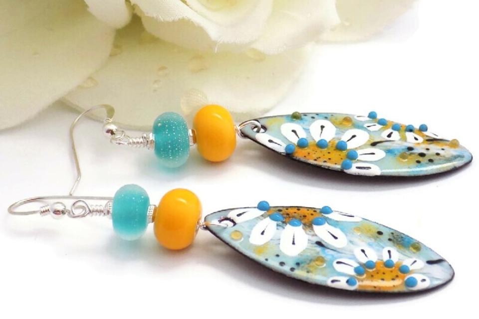 Daisy Earrings, Marigold Aqua Lampwork Spring Summer Handmade Jewelry