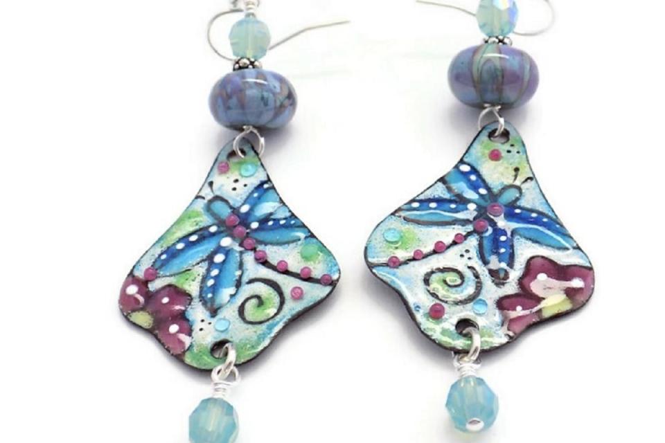 Dragonfly Earrings, Blue Enamel Handmade Jewelry