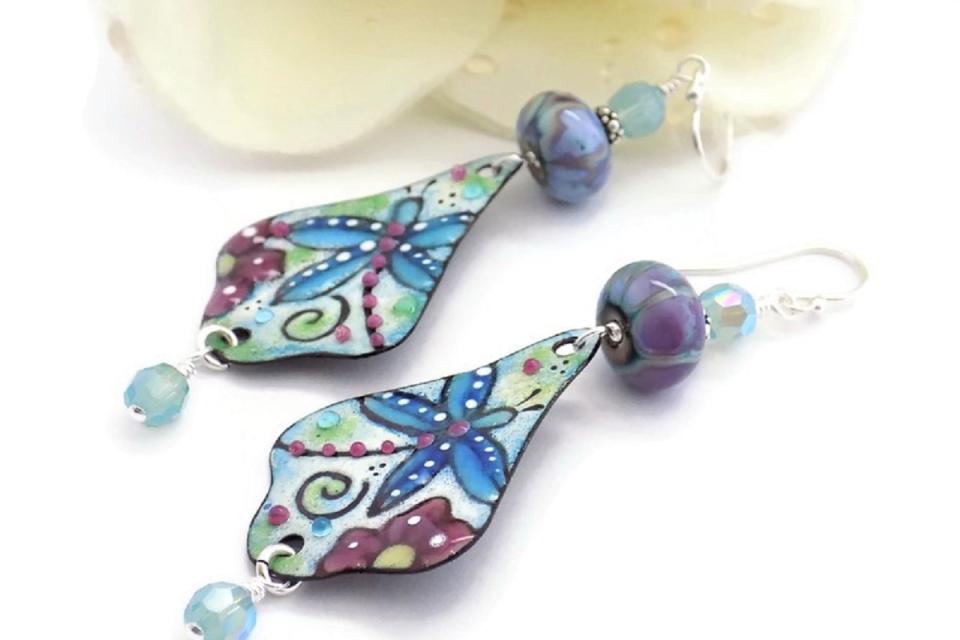 Dragonfly Earrings, Blue Enamel Handmade Jewelry