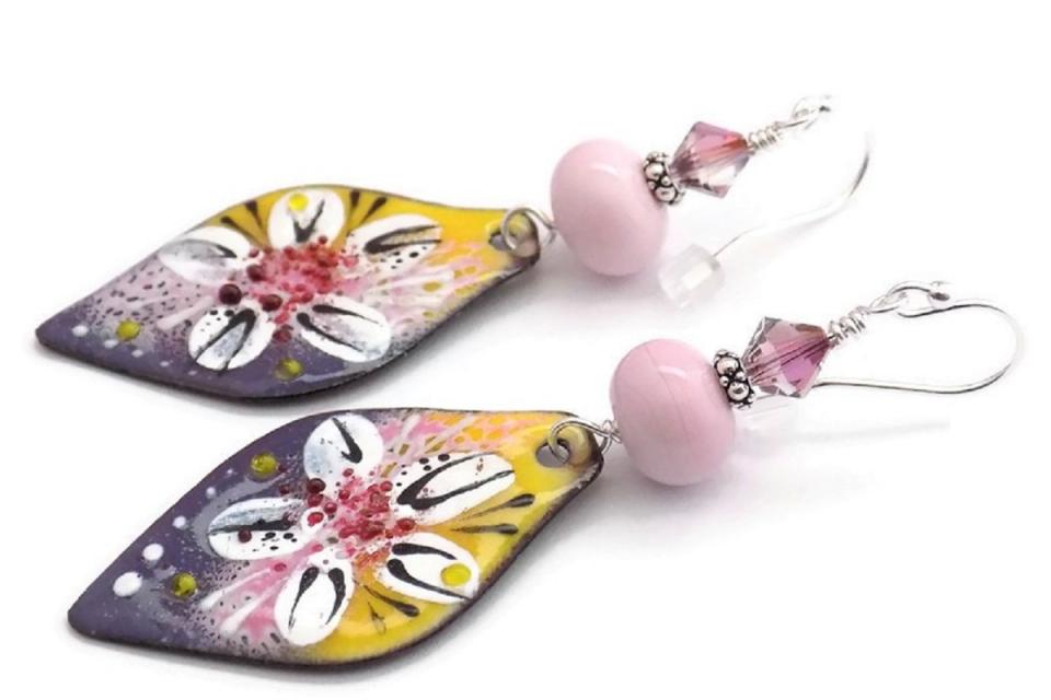 Enamel Floral Earrings, Lampwork Swarovski Crystals Handmade Jewelry