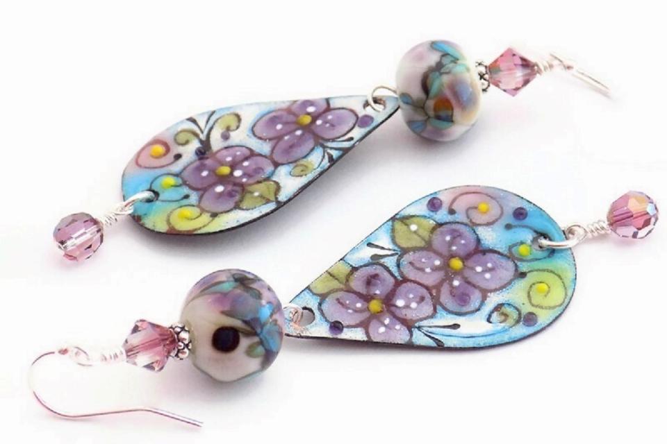 Violet Earrings, Purple Blue Lampwork Handmade Jewelry Gift