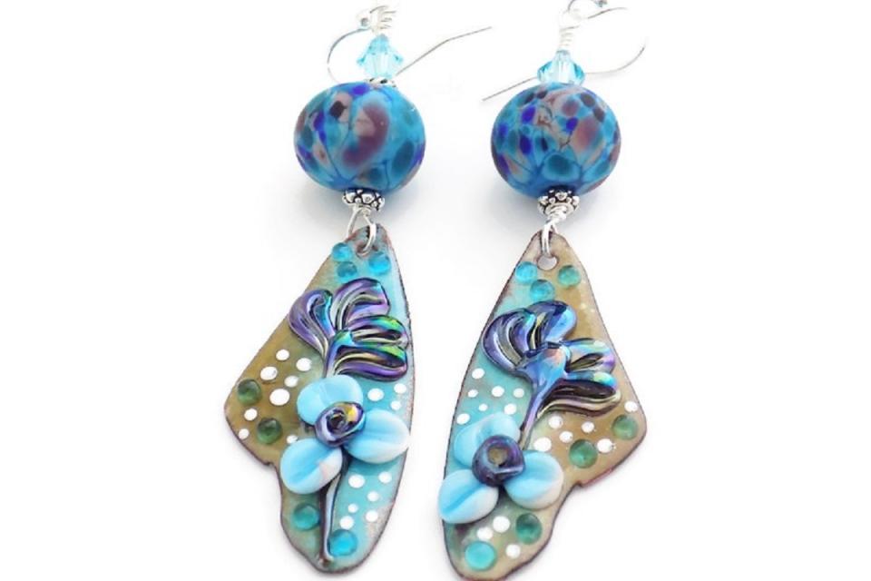 Blue Purple Flower Enamel Earrings, Handmade Lampwork Jewelry