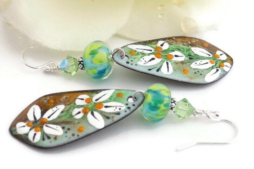 Green and White Artisan Enamel Earrings, Handmade Lampwork Jewelry