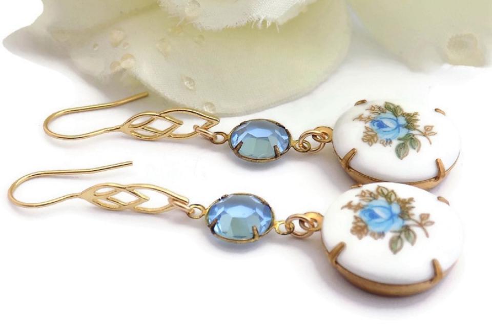 Sapphire Blue Rose Earrings with Swarovski Crystals, Handmade Jewelry Gift