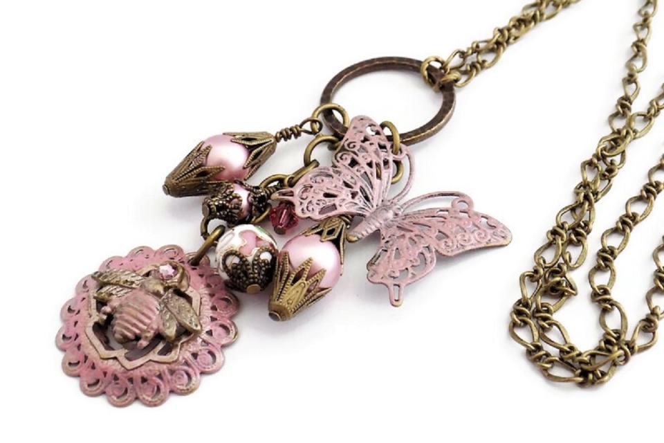 Bronze Butterfly and Bee Charm Necklace, Handmade Victorian Style Patina Jewelry