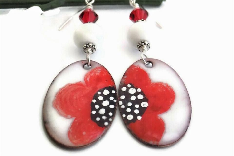 Red Poppy on White Enamel Earrings, Handmade Lampwork Jewelry