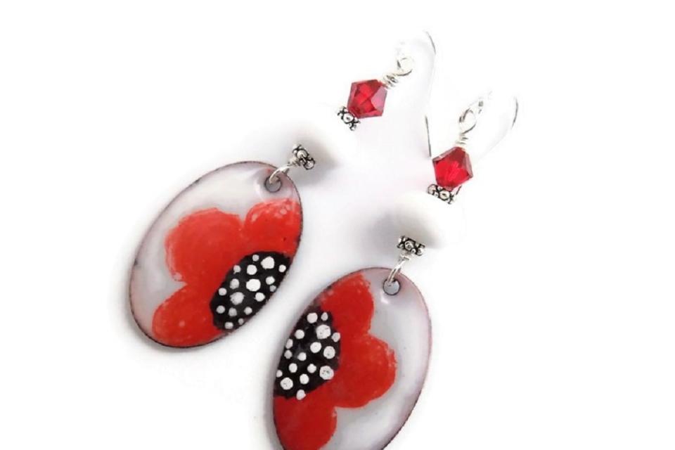 Red Poppy on White Enamel Earrings, Handmade Lampwork Jewelry