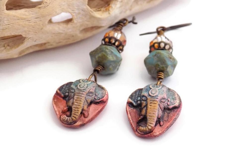Rustic Elephant Bohemian Earrings, Handmade Polymer Clay Jewelry