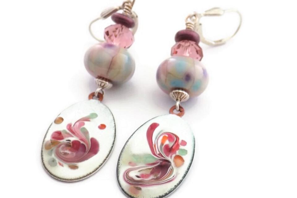 Bohemian Enamel Swirl Earrings, Pastel Lampwork Crystal Jewelry