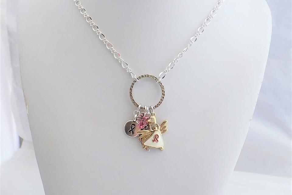  Pink Ribbon Angel Charm Necklace, Breast Cancer Awareness Jewelry