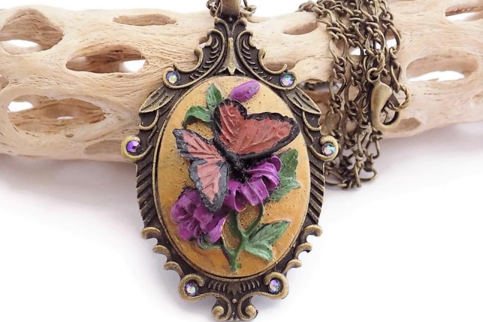 Stunning Coral Butterfly Cameo Necklace, Bronze Hand Painted Handmade Jewelry