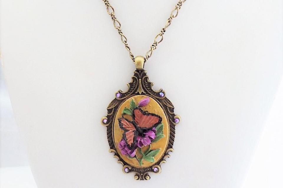 Stunning Coral Butterfly Cameo Necklace, Bronze Hand Painted Handmade Jewelry
