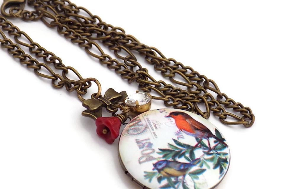 Bird Photo Locket Necklace, Handmade Victorian Style Jewelry