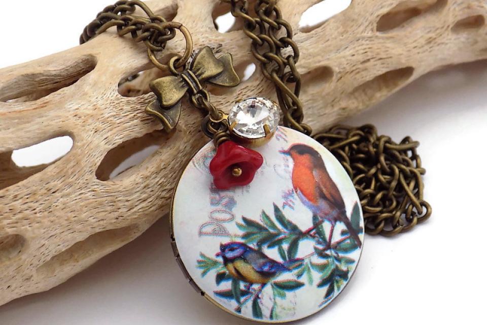 Bird Photo Locket Necklace, Handmade Victorian Style Jewelry