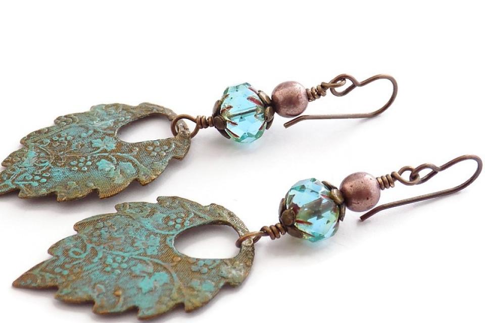 Patinated Autumn Leaf Earrings with Czech Glass Beads, Handmade Jewelry 