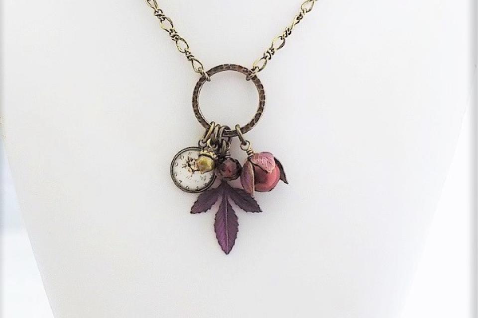 Nature-Inspired Purple Leaf Necklace with a Pearl and Clock Charm, Handmade Jewelry