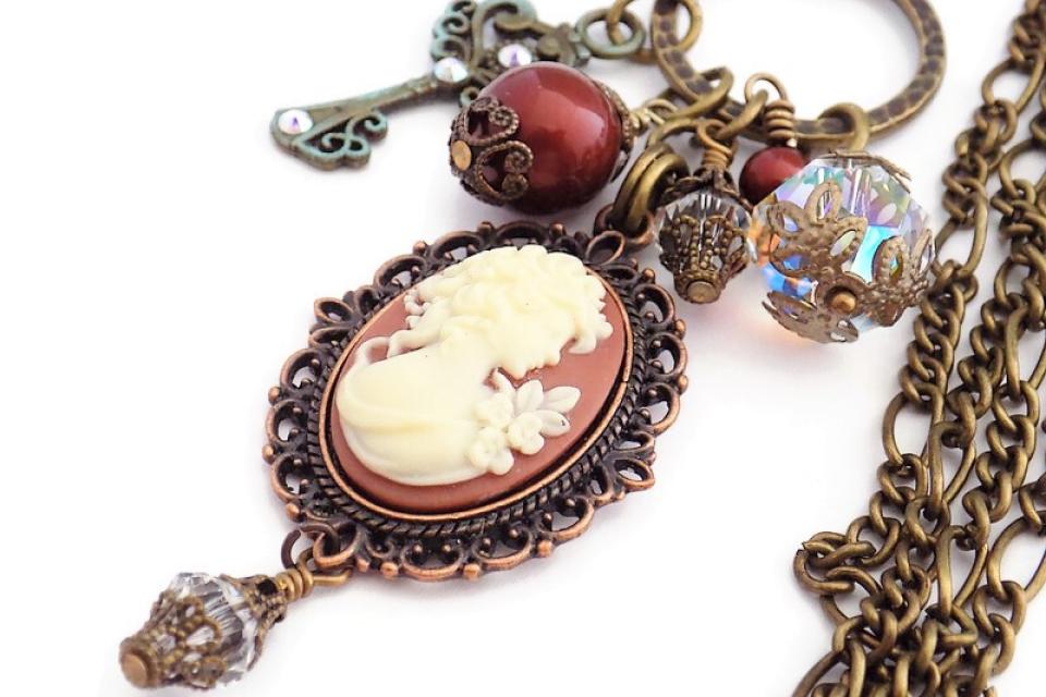 Bronze Cameo Lady Pendant and Key Necklace, Handmade Victorian Style Jewelry