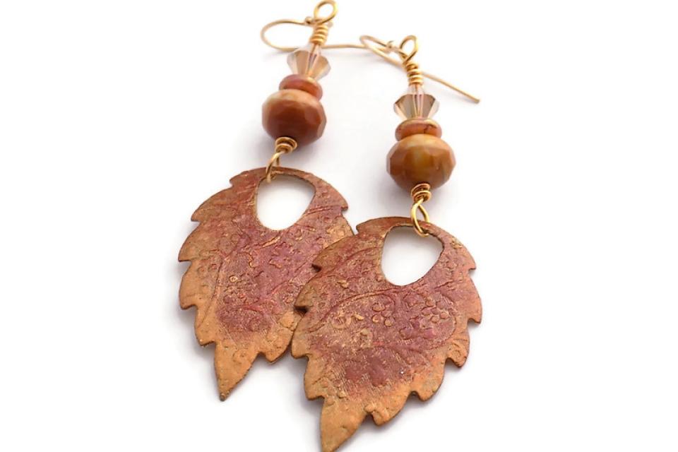 Autumn Spiced Patinated Leaf Earrings with Czech and Swarovski Glass Beads