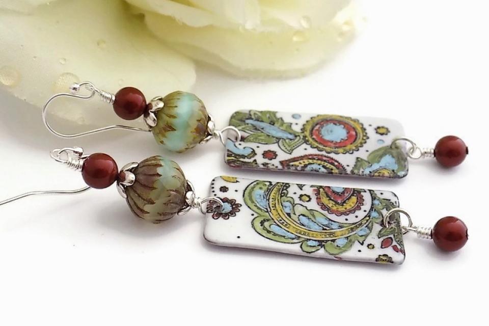  White Enamel Floral Earrings with Czech and Swarovski Beads, Handmade Bohemian Jewelry