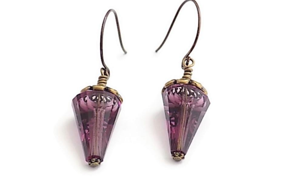 Amethyst Ink Drop Earrings with Swarovski Crystals, Victorian Style Jewelry
