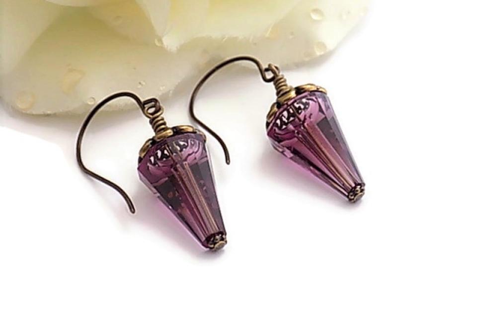 Amethyst Ink Drop Earrings with Swarovski Crystals, Victorian Style Jewelry
